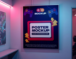 A vibrant poster mockup featuring retro game controllers and a place to insert your design psd