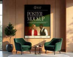 A poster mockup displays a design featuring two people set against a backdrop of a modern waiting area psd