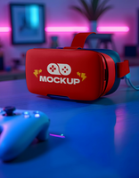 A red virtual reality headset with a game controller sits on a blue table under pink neon lights psd
