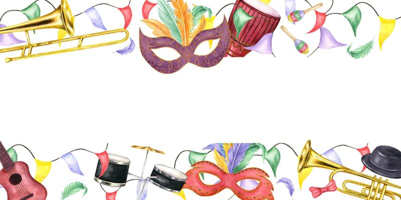 Watercolor Fat Thursday carnival horizontal frame with copy space for text. Festival mask with feathers, musical instruments, flag ribbon, hat holiday illustration. For masquerade greeting cards