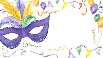 Feather masks with colored bird feathers, flag garlands, ribbons, balloons rectangle frame. Holiday Mardi Gras, Brazilian, Venetian masquerade watercolor illustration with empty space for text vector