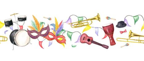 Carnival street party horizontal seamless banner isolated background. Music percussion, string and wind instruments, masks with feathers, flag garlands watercolor illustration for web design, canvas vector