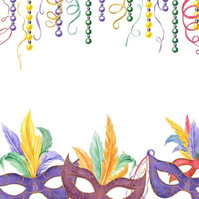 Carnival masks with colored bird feathers, bead garlands, ribbons square frame. Holiday Mardi Gras, Brazilian, Venetian parade watercolor illustration with empty space for text. For greeting cards