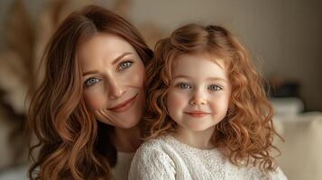Smiling mother and daughter share a joyful moment indoors in soft light photo