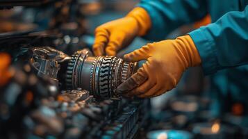 Skilled mechanic assembling engine components in a workshop setting photo