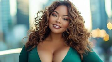 Confident Plus-size Latina woman smiles in urban setting during golden hour glow photo