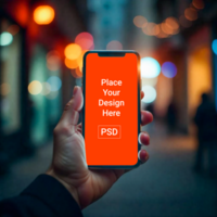Realistic Smartphone Mockup in Hand with Customizable Screen Display psd