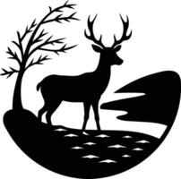 Silhouette illustration A Deer standing on the riverbank at sunrise vector