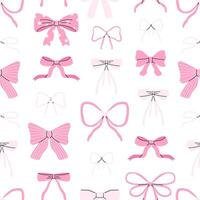 Pink bows seamless pattern. Various bows on a white background. Festive pattern. Design for wrapping paper, packaging, background, fabric, textile, home decor, gifts, greetings. vector