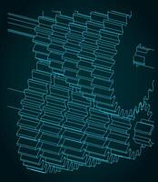 Gears mechanisms close-up isometric blueprint vector