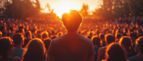 person stands in crowd during sunset, surrounded by sea of people. warm light creates vibrant atmosphere, evoking feelings of connection and community photo