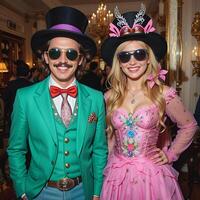 A man and a woman in bright suits and hats pose for a photo. They smile and look at the camera. The photo is made in retro, carnival style, which gives it a special charm.