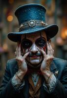 A man in a hat, with a fake mustache and makeup. He's wearing a steampunk costume. The man looks at the camera, his gaze mysterious and a little scary photo