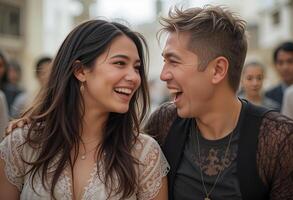 A man and a woman who are laughing and looking at each other. They are outside, . The girl is wearing a white dress with lace, and the man is wearing a black T-shirt with a lace cape. photo
