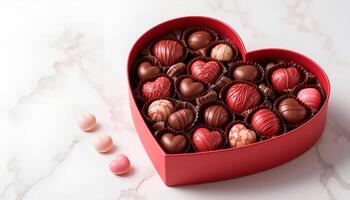 A box of heart-shaped chocolates. Red box, marble background. Place for the text photo