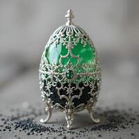 An elegant green egg with a filigree silver pattern, decorated with flowers and details, creates an impression of luxury and sophistication. photo
