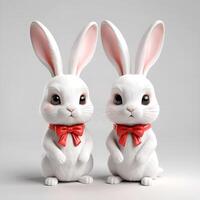 Two ceramic figurines of white rabbits, each with a red bow wrapped around its neck, sit on white backdrop. photo