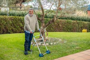 Senior man using a walker in the garden after an injury photo