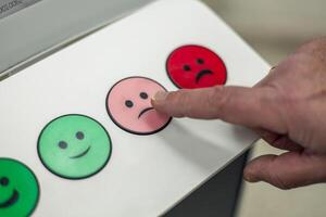 Customer pressing a slightly dissatisfied button on a feedback machine closeup photo