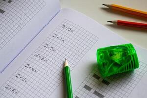 View of notebook and pencils, back to school, learning to write letters correctly photo