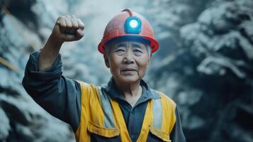 elderly asian man wearing a red hard hat with a blue light on it. He is wearing a yellow and grey work uniform with reflective stripes photo