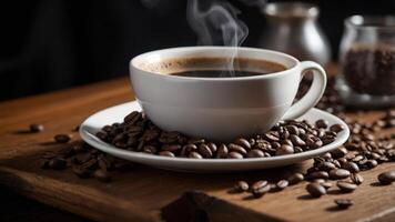 white coffee cup filled with dark brown coffee on a wooden table. The cup is placed on top of a pile of coffee beans, which are scattered around the cup. photo