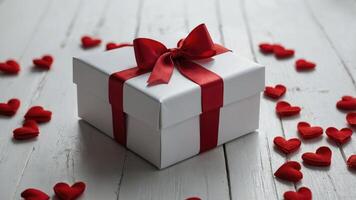 white gift box with a red ribbon tied in a bow on top. The box is placed on a white wooden surface with scattered red hearts around it photo