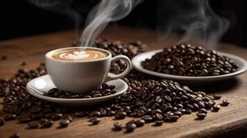 white coffee cup filled with dark brown coffee on a wooden table photo