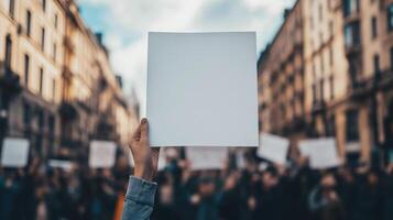 person's hand holding a blank white sign in the foreground, with a crowd of people in the background photo