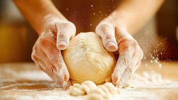 pair of hands kneading dough on a wooden surface photo
