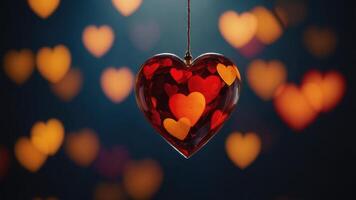 lose-up of a heart-shaped object in the center. The heart is transparent and appears to be floating in the air. photo