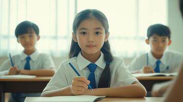 group of asian young students sitting at their desks in a classroom. They are all wearing white collared shirts and blue ties photo