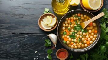 bowl of soup on a dark wooden table. The soup is made with chickpeas, carrots, and other vegetables, and is garnished with fresh herbs and spices photo