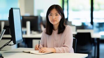 Young Asian woman sitting at a desk in an office. She is wearing a light pink blouse and has shoulder-length dark hair photo