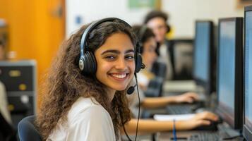 Young woman wearing a headset and smiling at the camera photo