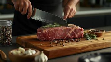 a person's hands holding a large knife and cutting a piece of raw meat on a wooden cutting board photo