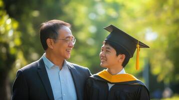 asian father and asian son on their graduation day. The father is on the left side of the image, wearing a dark suit and a light blue shirt photo