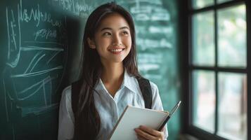 asian young woman teacher standing in front of a blackboard in a classroom. She is wearing a white collared shirt and is holding a notebook and a pen in her right hand photo