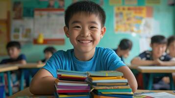 portrait of a young asian boy sitting at a desk in a classroom. He is wearing a blue t-shirt and has a stack of colorful books in front of him photo