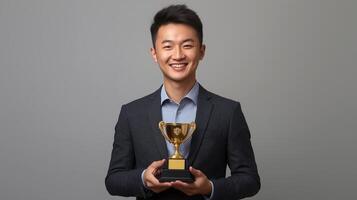 asian man in a formal suit holding a golden trophy. He is standing in front of a plain grey background and is smiling at the camera photo