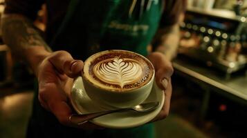 The barista is wearing a green apron and is standing behind a counter in a coffee shop photo