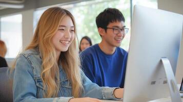 a young asia couple sitting at a desk in front of a computer monitor photo