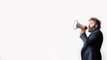 man in a suit holding a megaphone. He is standing in front of a light white background and appears to be shouting into it photo