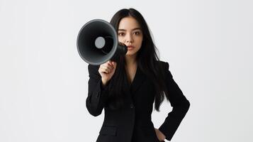 young woman in a black suit holding a megaphone in front of her face. She is standing with her left hand on her hip and her right hand resting on her thigh photo