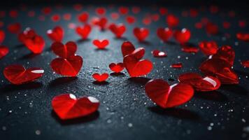 group of red hearts scattered on a black surface. The hearts are of different sizes and shapes photo