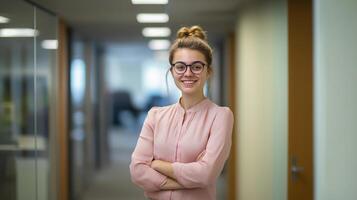 portrait of a young woman standing in an office corridor. photo