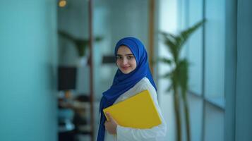 portrait of a young woman wearing a blue hijab. She is standing in an office with a window in the background. photo