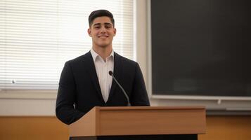 young man standing behind a podium in a classroom. He is wearing a dark suit and a white shirt. He has short dark hair and is smiling at the camera. photo