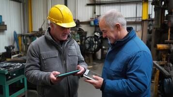two men in a factory or workshop, engaged in a conversation photo
