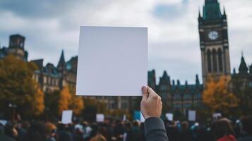 A person's hand holding a blank white sign in the foreground, with a crowd of people in the background photo